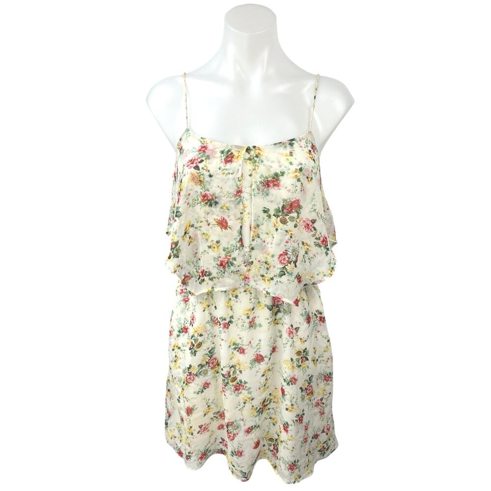 MNG Casual White Chiffon Floral Spaghetti Strap Ruffle Mini A-Line Sun Dress XXS